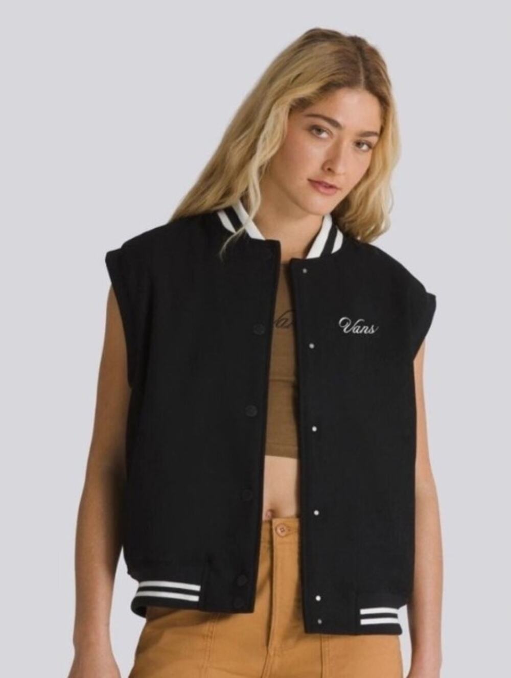 New Vans XL Piper Stadium Vest Black Snap Closure Embroidered Varsity Letterman